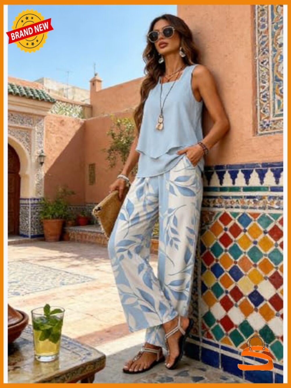 Sleeveless Tiered Vest Top & Wide Leg Long Pants Lounge Set 2 Piece - Picture 3 of 7